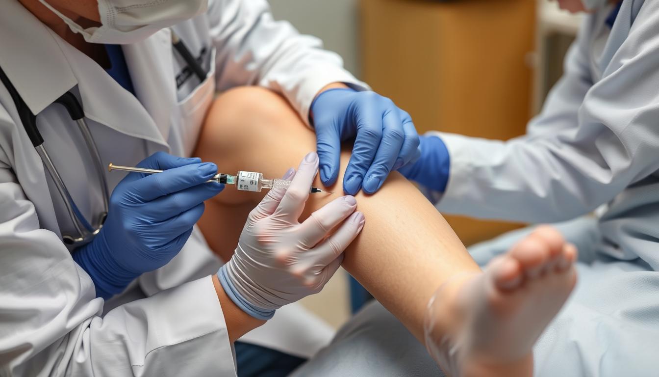 Medical professional administering Botox injection for calf muscle spasticity