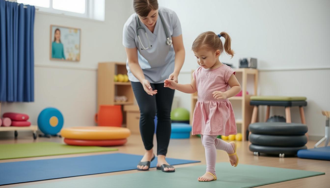 Physiotherapist working with a child on toe walking exercises