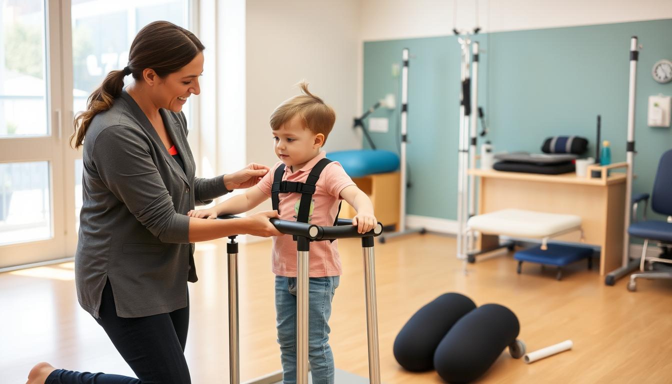Physical therapist working with child during SDR rehabilitation