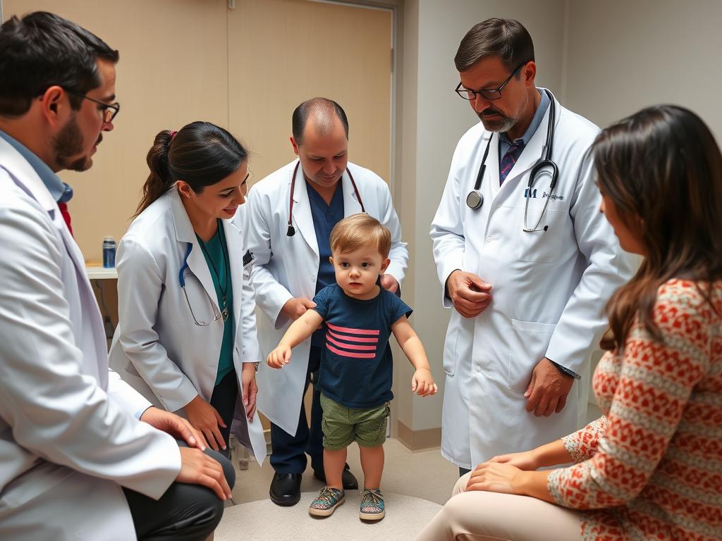 Medical team evaluating a child with cerebral palsy for SDR surgery eligibility