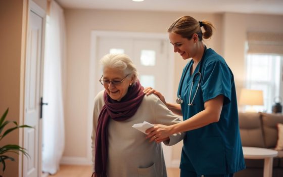 Elderly person being assisted by caregiver to prevent falls