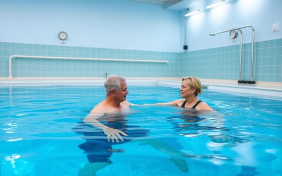 A hydrotherapy pool with a physiotherapist guiding a patient through water exercises
