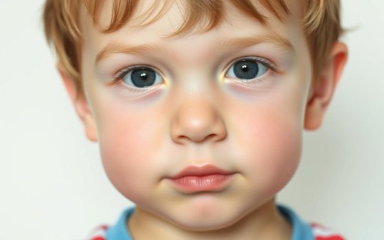 Child with Williams Syndrome showing characteristic facial features including a broad forehead, upturned nose, and full cheeks