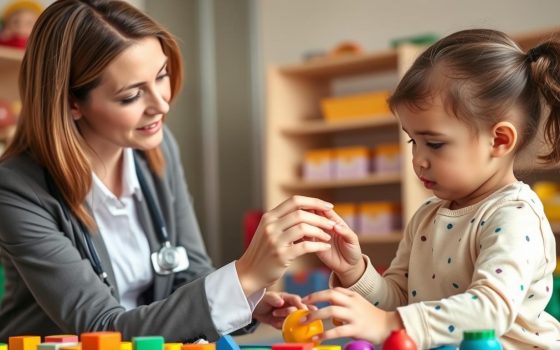 Child with Global Developmental Delay working with therapist on developmental activities