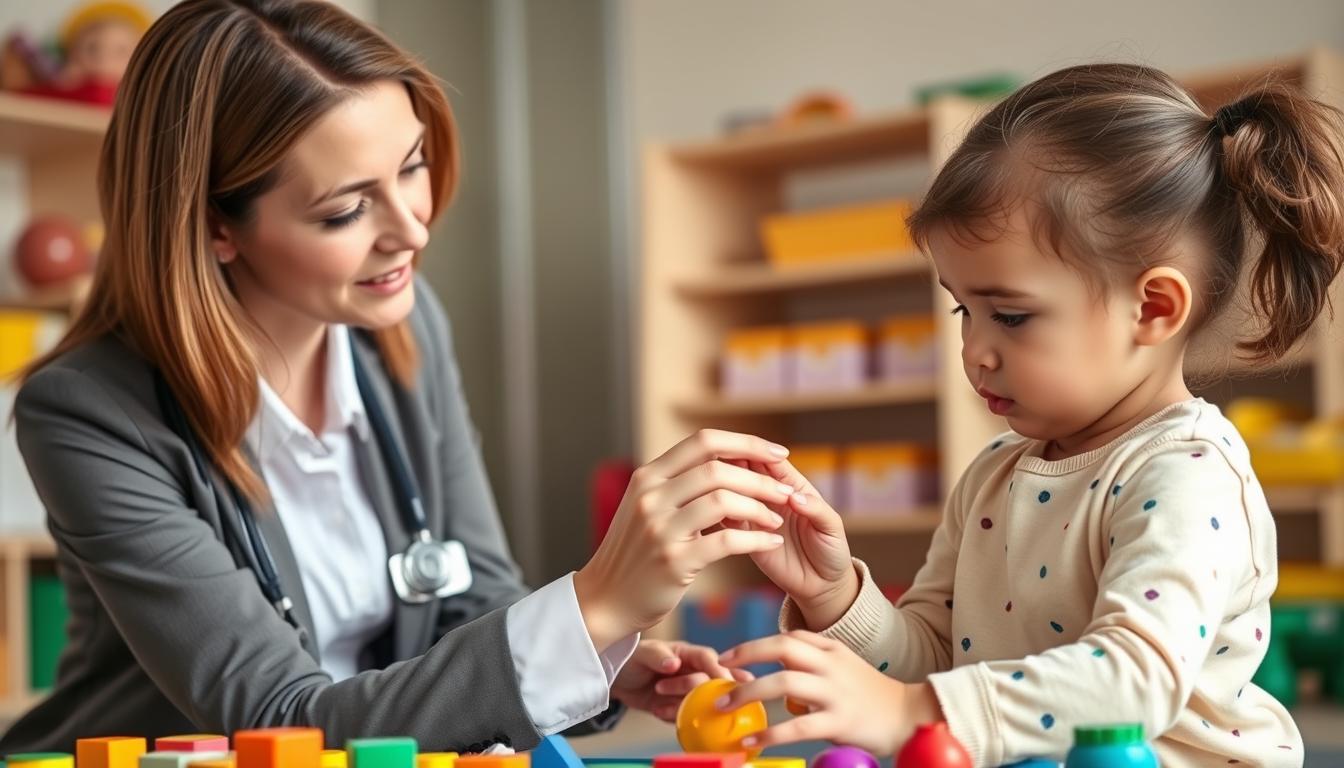 Child with Global Developmental Delay working with therapist on developmental activities