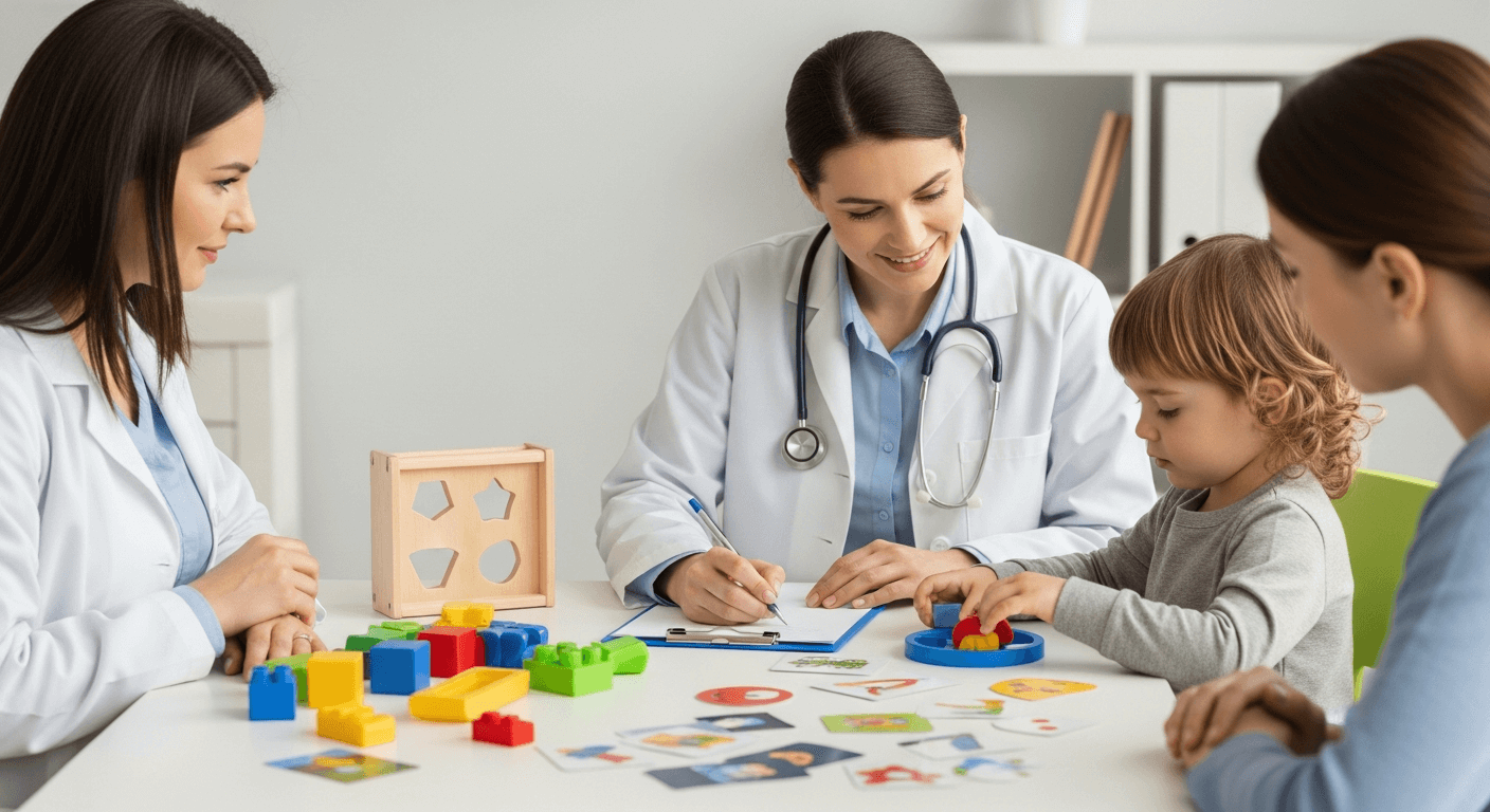 Healthcare professional conducting developmental assessment for Global Developmental Delay