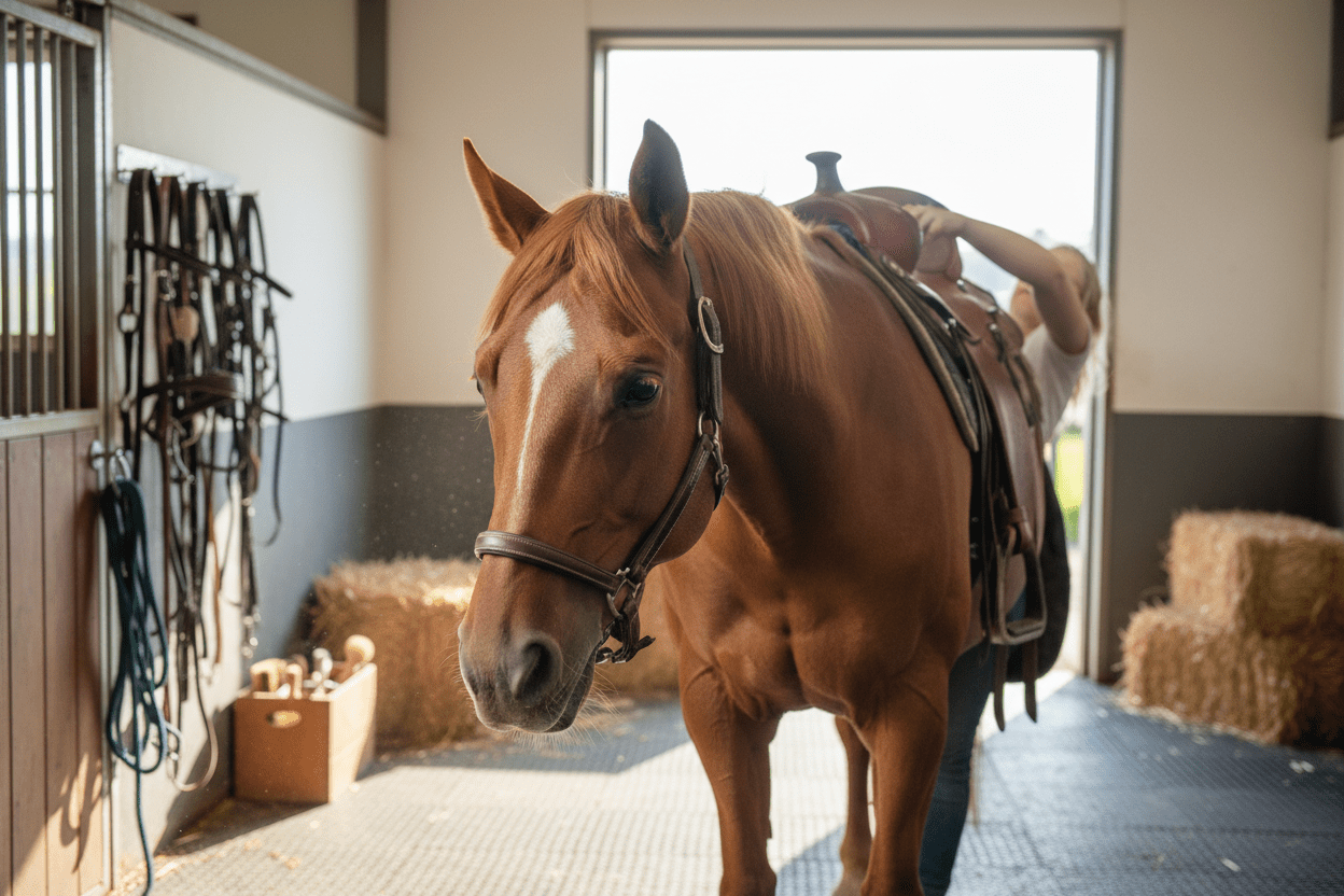 Horse showing signs of back discomfort during saddling