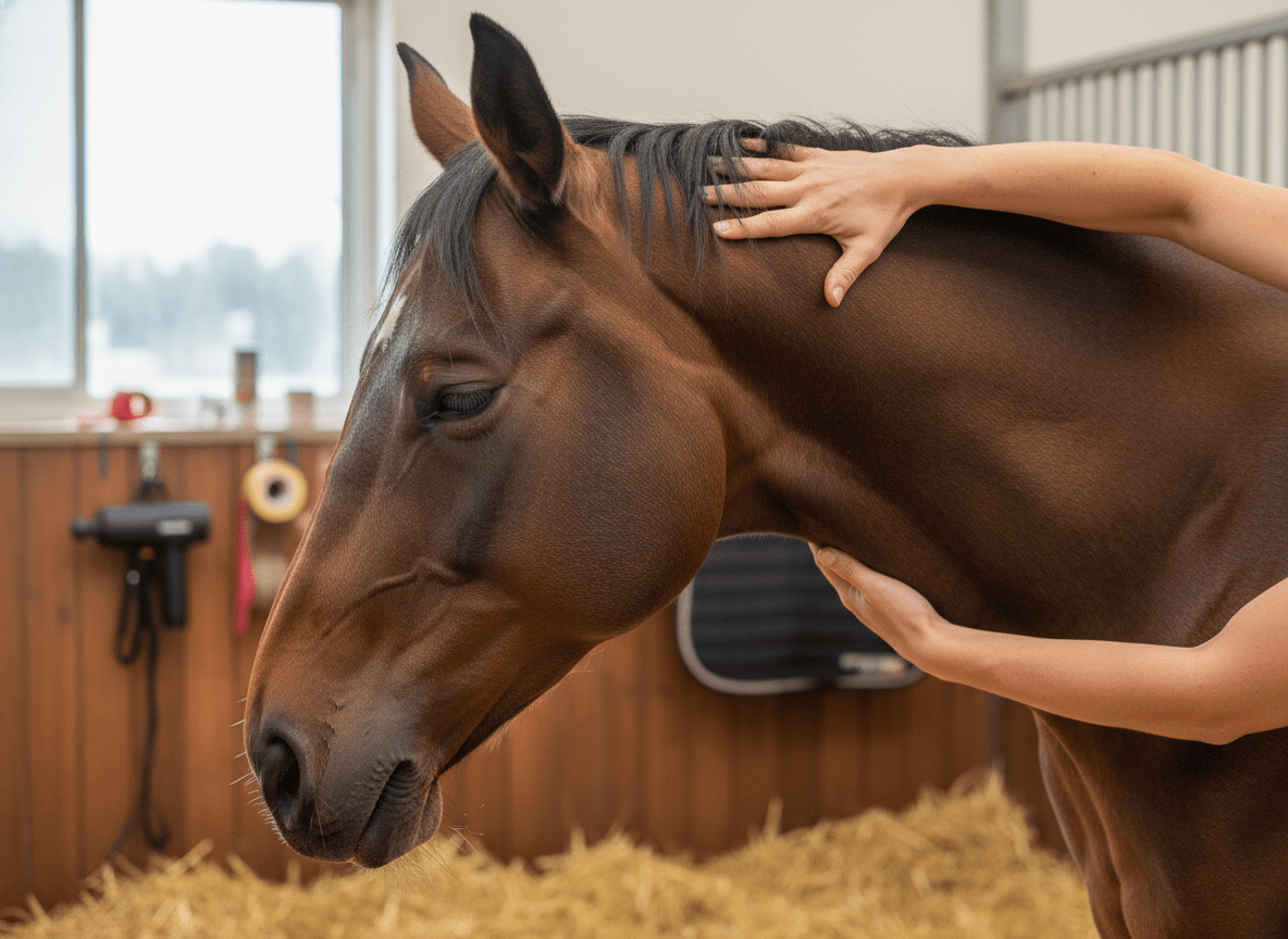 Equine physiotherapist demonstrating manual therapy techniques on a horse