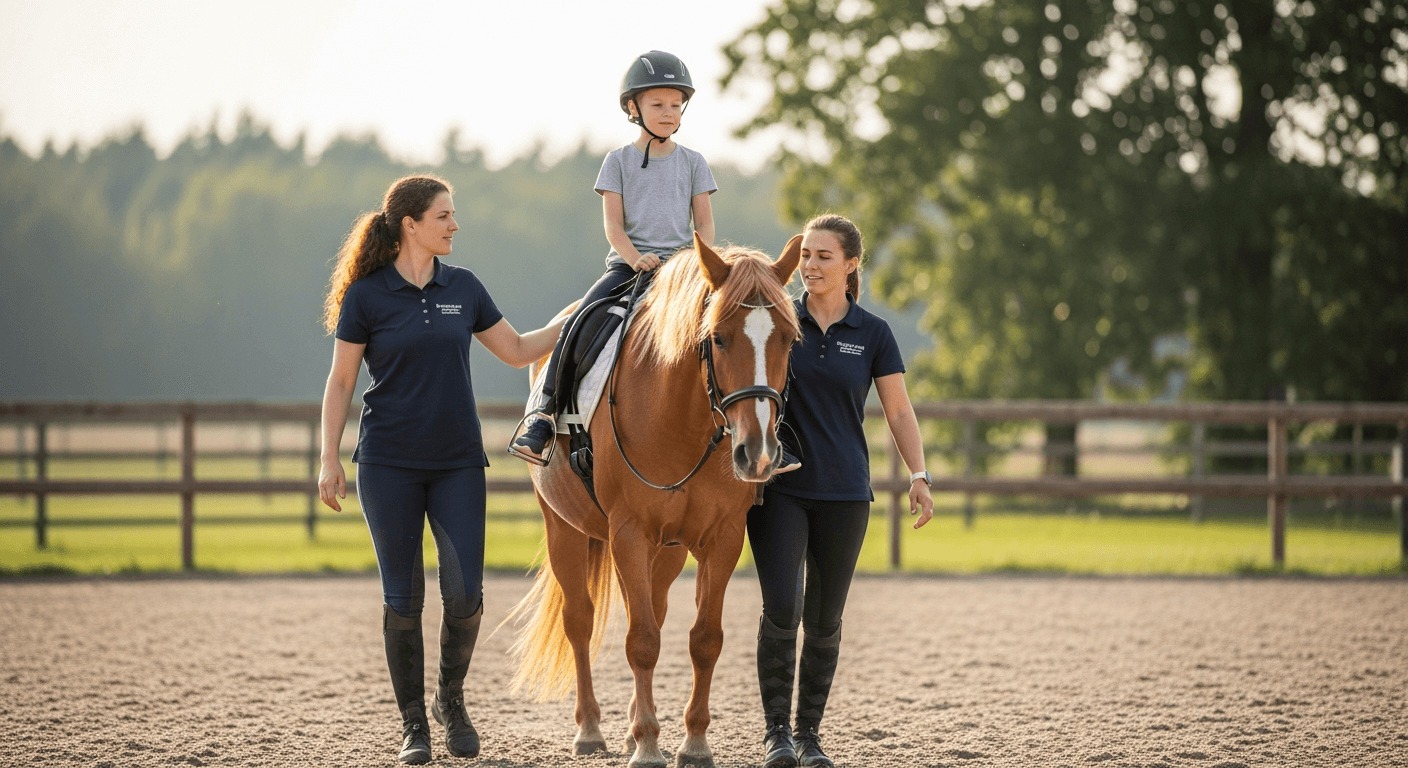 Hippotherapy session with therapist guiding a child on horseback during treatment