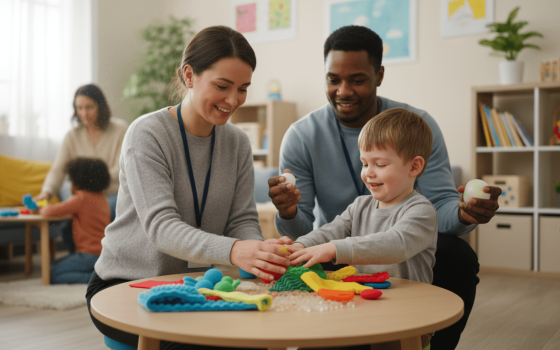 Child with autism engaging in therapeutic activity with colorful sensory tools