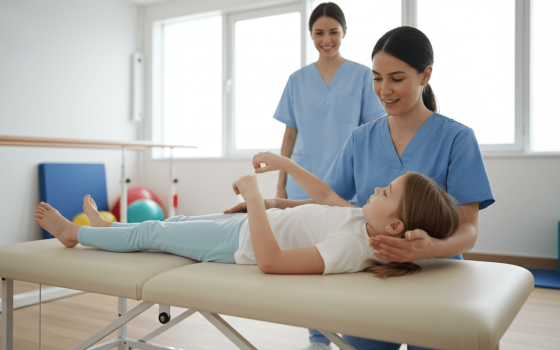 Young girl with Rett Syndrome engaging in physiotherapy session with supportive therapist