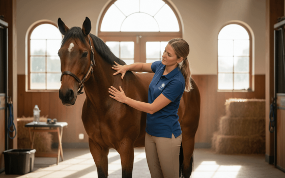 Equine physiotherapist performing assessment on a horse's back muscles