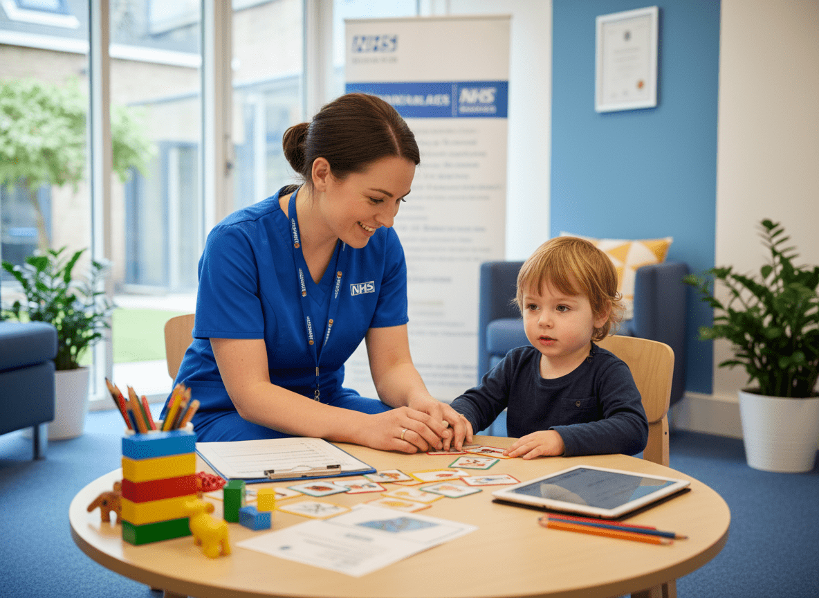 Healthcare professional conducting autism assessment with child