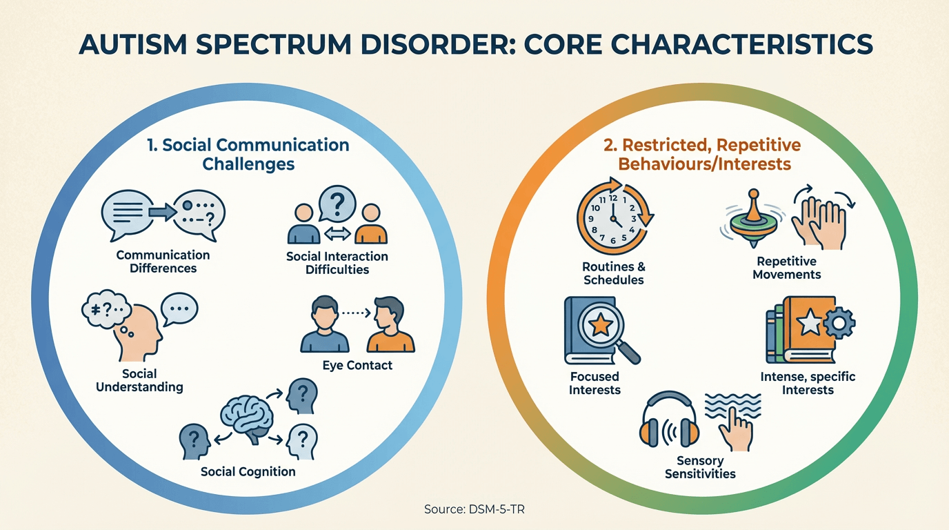 Visual representation of autism characteristics showing social communication and behavioral patterns