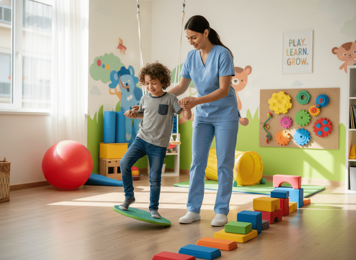 Physiotherapist working with autistic child on motor skills