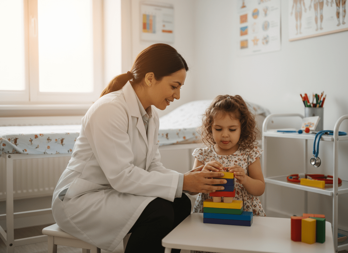 Paediatric neurologist conducting developmental assessment with young patient