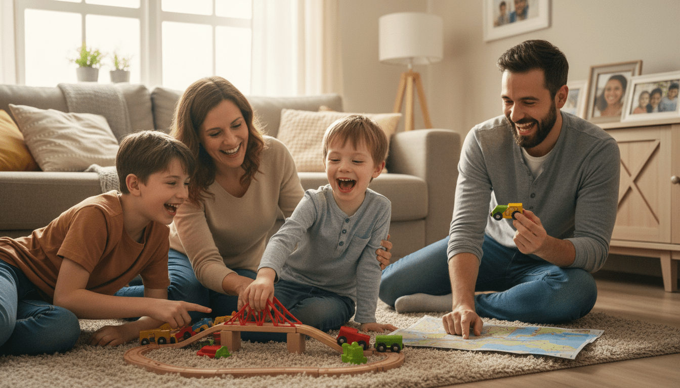 Happy autistic child playing with supportive family members