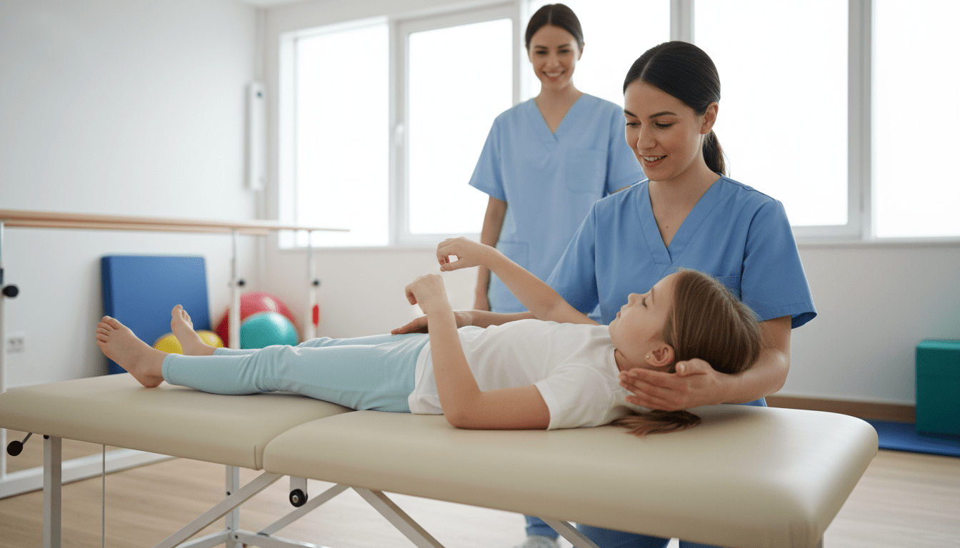 Young girl with Rett Syndrome engaging in physiotherapy session with supportive therapist