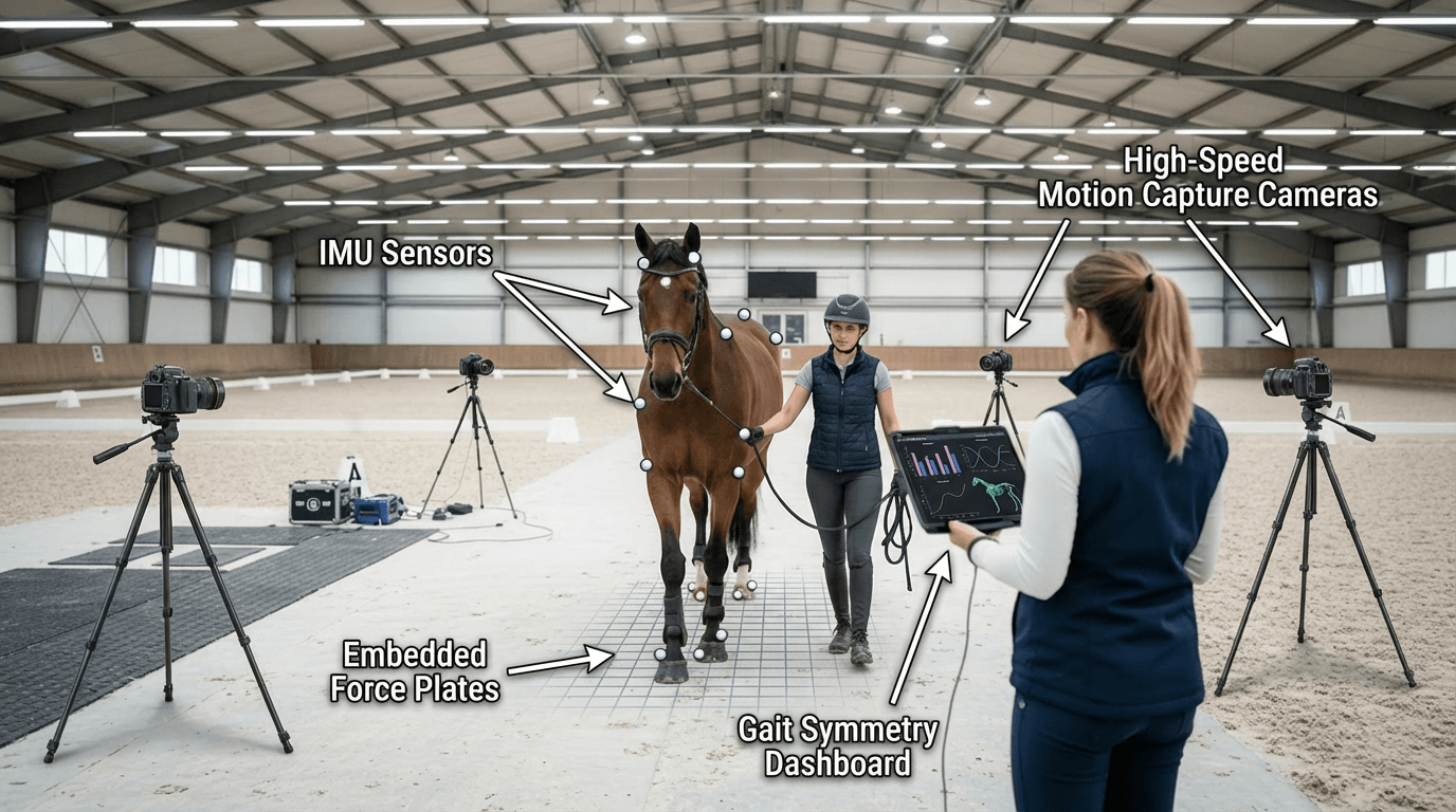 Equine physiotherapist performing gait analysis on a horse in an arena