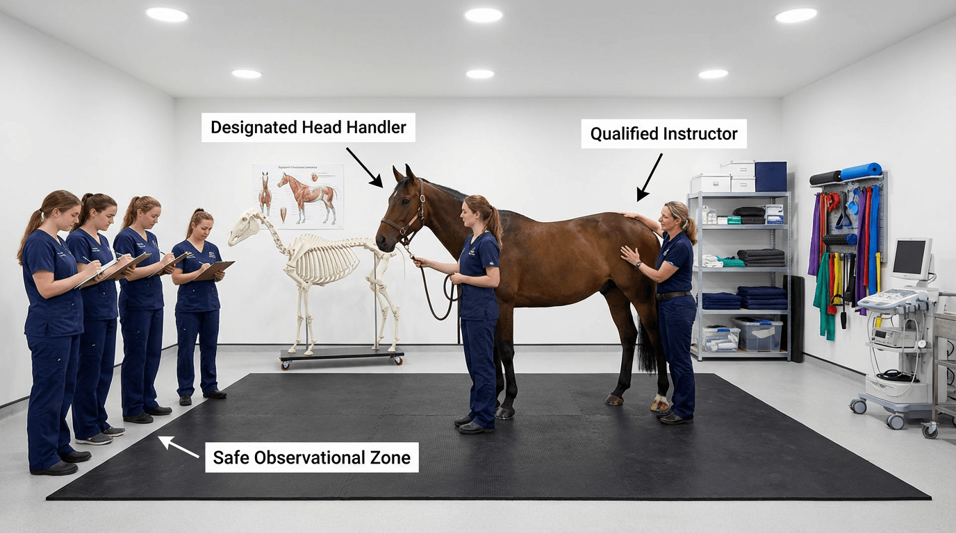 Students learning equine physiotherapy techniques in a university setting