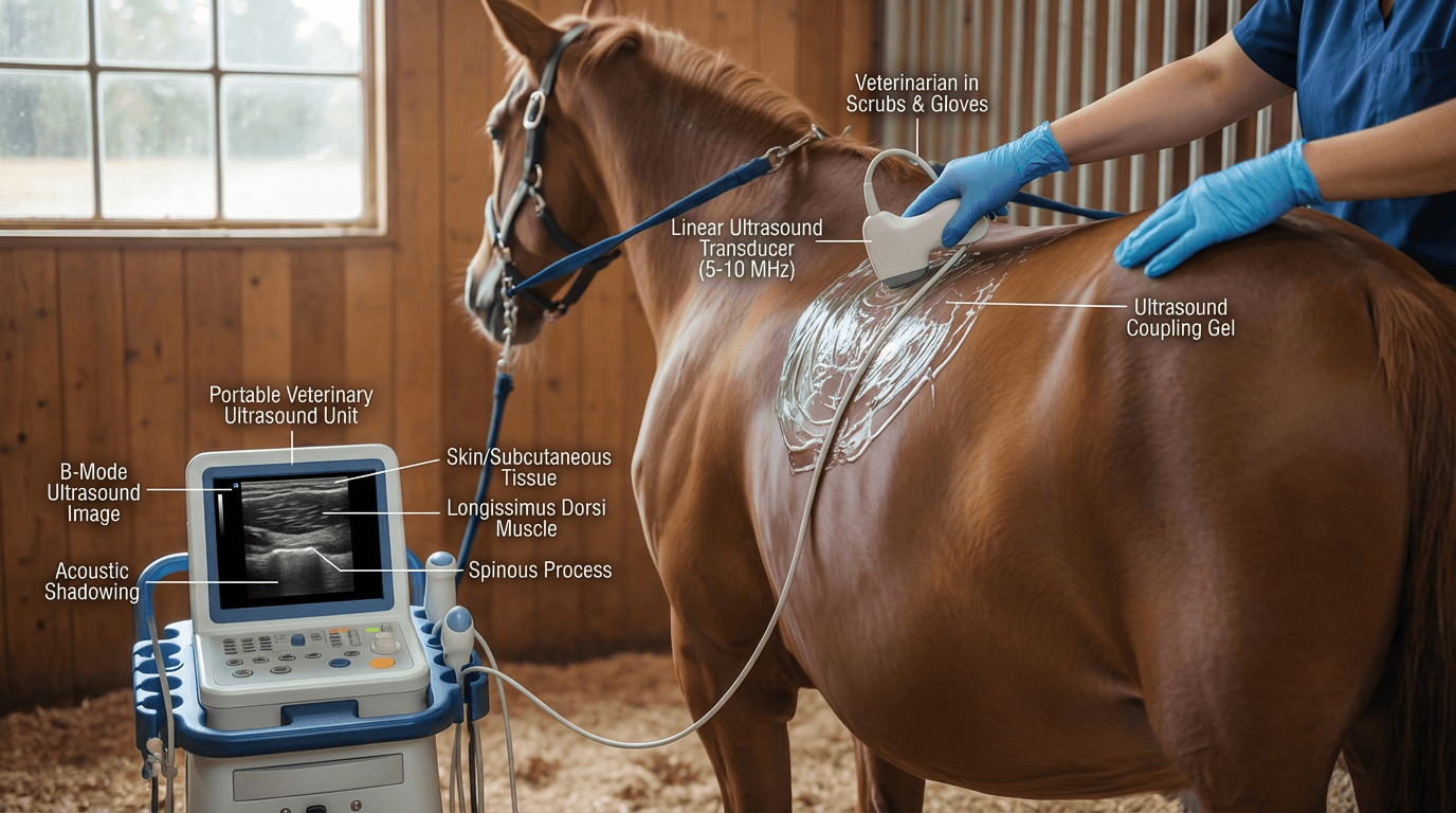 Equine physiotherapist applying electrotherapy treatment to a horse's back