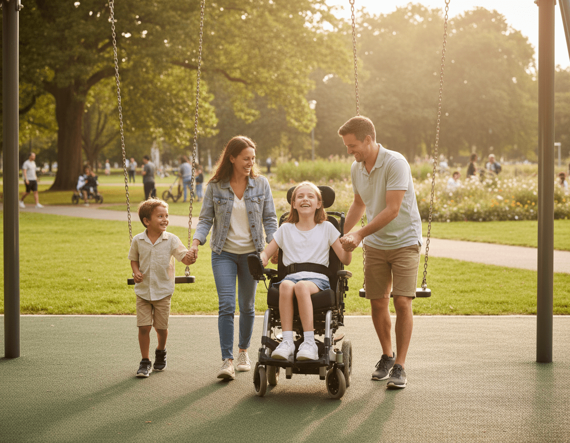 Family enjoying outdoor activity with wheelchair-using child with Rett Syndrome
