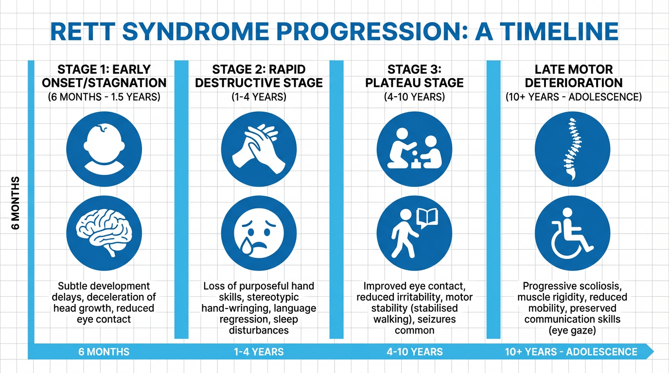 Developmental timeline chart showing progression of Rett Syndrome symptoms from infancy through childhood
