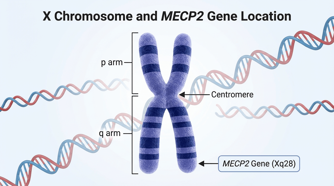 DNA double helix highlighting X chromosome and MECP2 gene location
