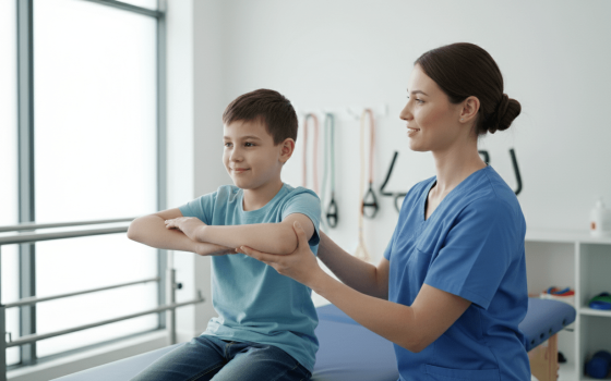Child with muscular dystrophy participating in physiotherapy session with supportive therapist