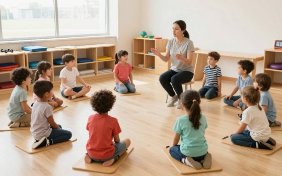 Children with cerebral palsy participating in conductive education group session with conductor guidance