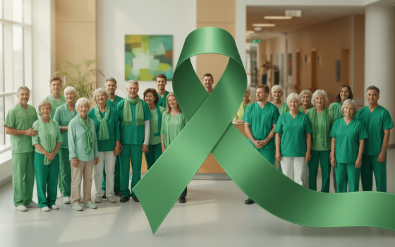 Green ribbon symbol for Cerebral Palsy Awareness Month 2026 with diverse community members wearing green