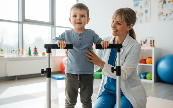 Disabled child practicing standing skills with MOVE Programme support equipment in therapy session