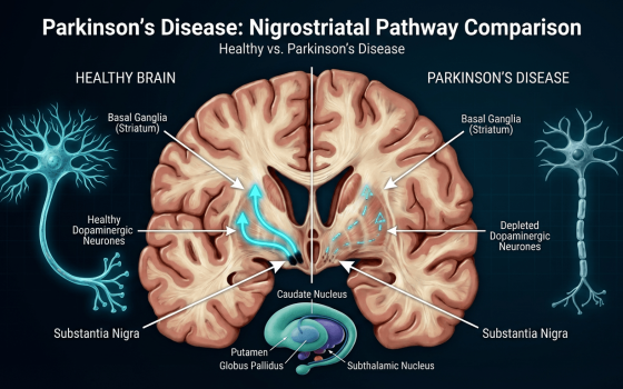 Parkinson's disease neural pathways showing dopamine depletion in brain cells