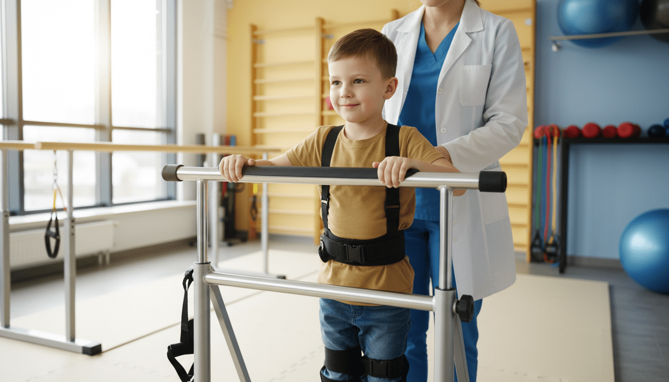 Child using standing frame during physiotherapy session