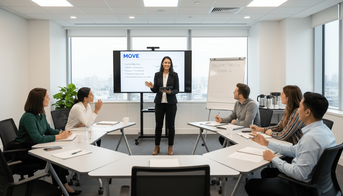 MOVE Trainer candidate practicing course delivery with participant feedback
