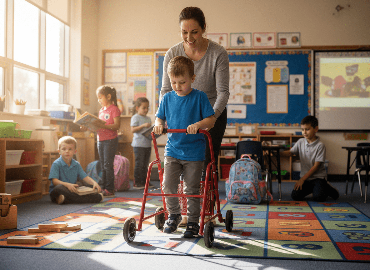 Child practicing walking skills during classroom transition time with MOVE Programme