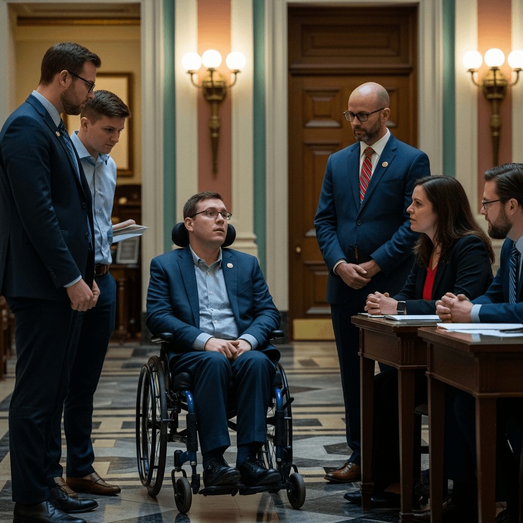 Government building with people advocating for cerebral palsy research funding