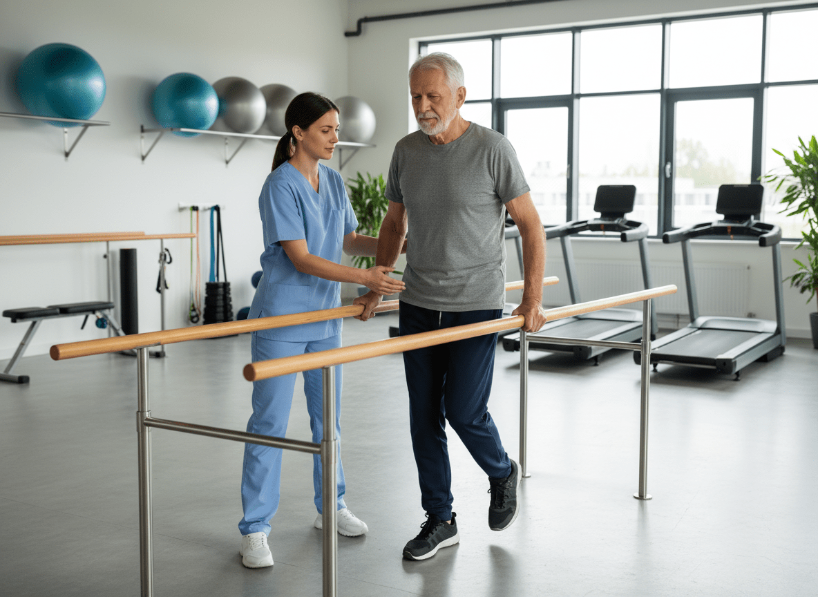 Physiotherapy session for Parkinson's disease patient working on gait training
