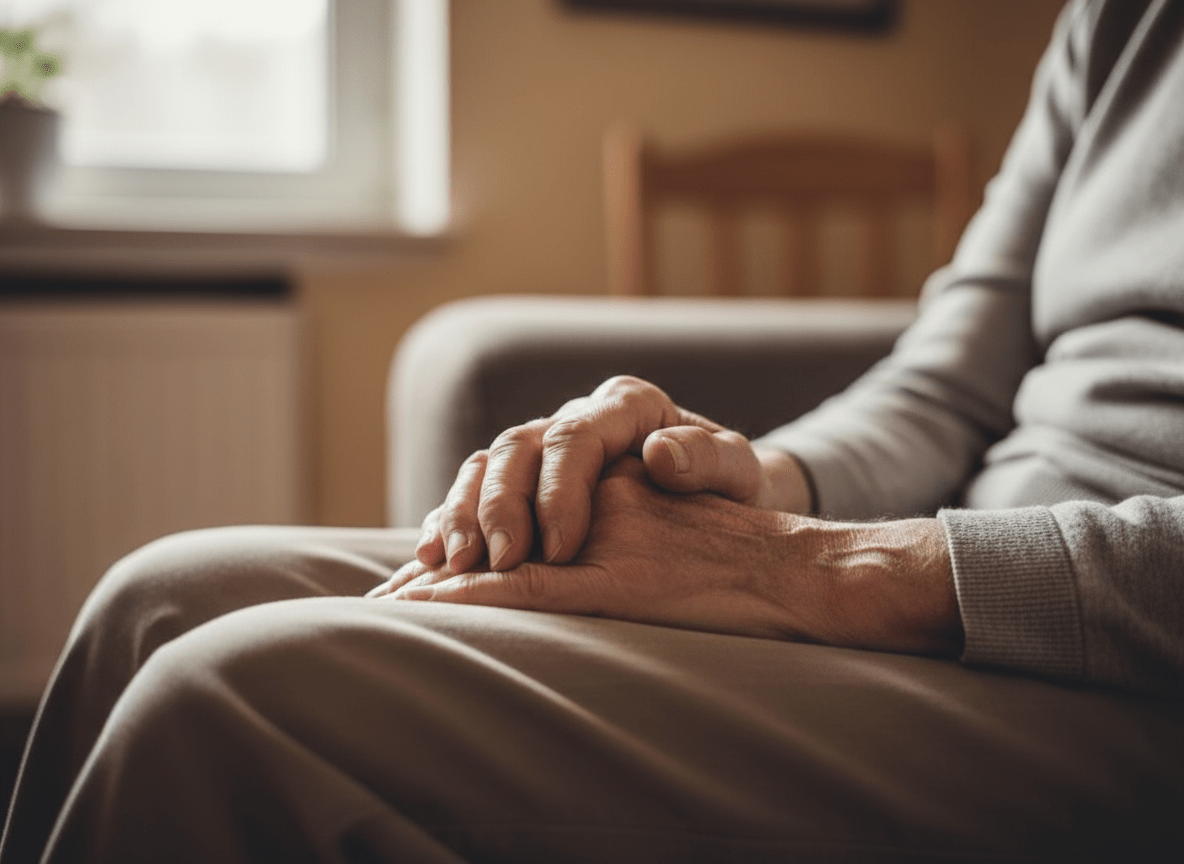 Elderly person with Parkinson's disease showing hand tremor symptom