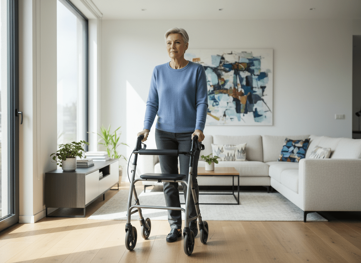 Person with Parkinson's disease using mobility aid for daily activities