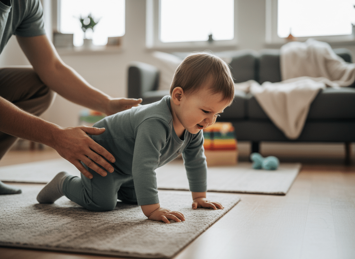 Young child showing difficulty standing from sitting position, early sign of muscular dystrophy