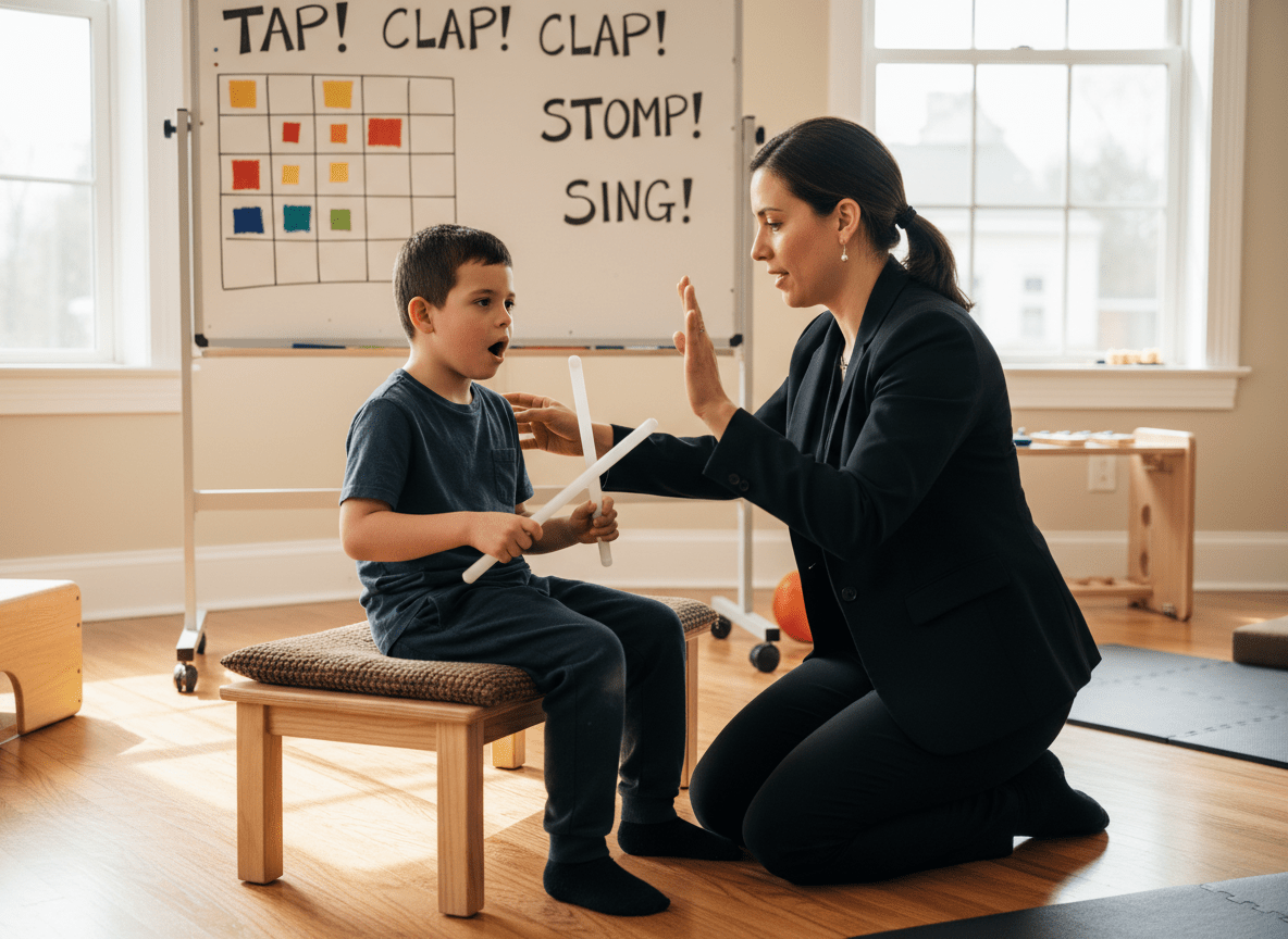 Conductor demonstrating rhythmic intention technique with child during conductive education task series