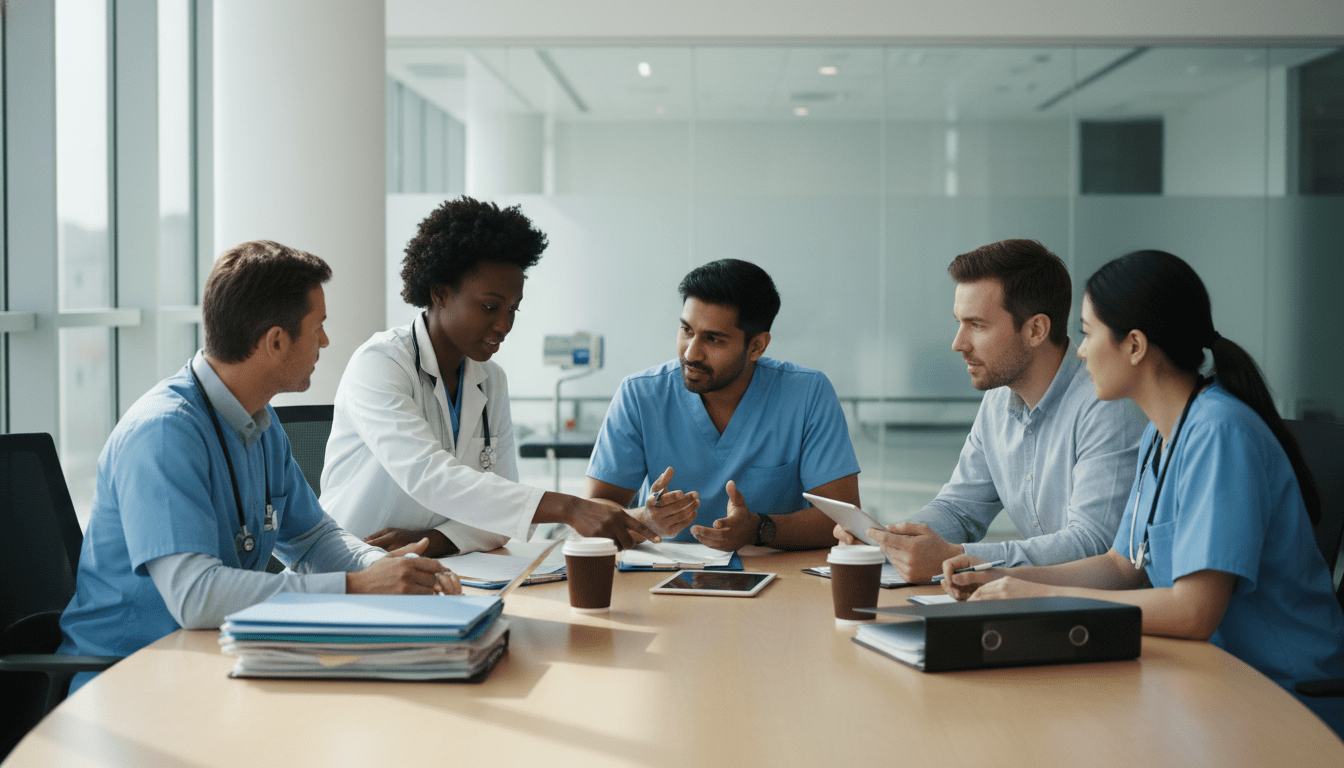 Multidisciplinary healthcare team meeting discussing patient treatment plan