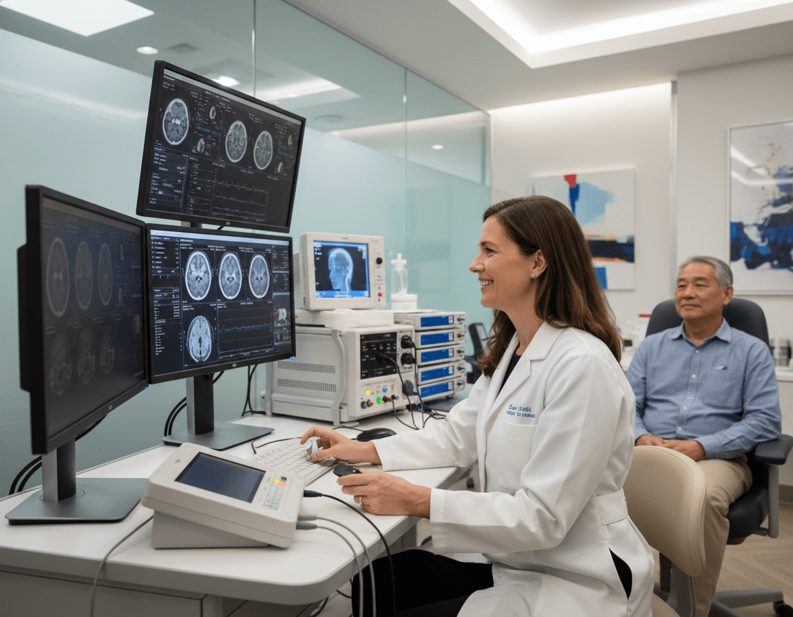 DBS programming session with neurologist adjusting stimulation parameters