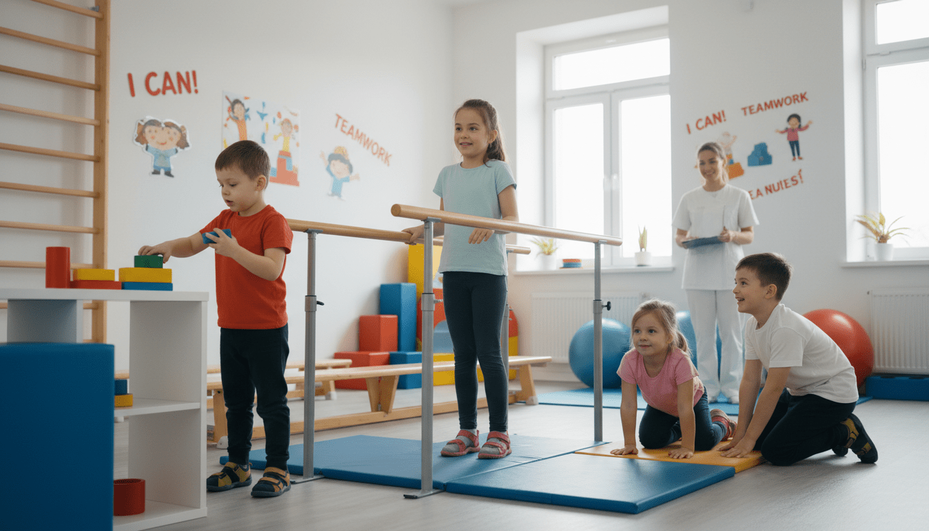 Children demonstrating improved motor skills and social interaction during conductive education group work