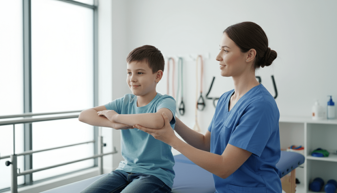 Child with muscular dystrophy participating in physiotherapy session with supportive therapist