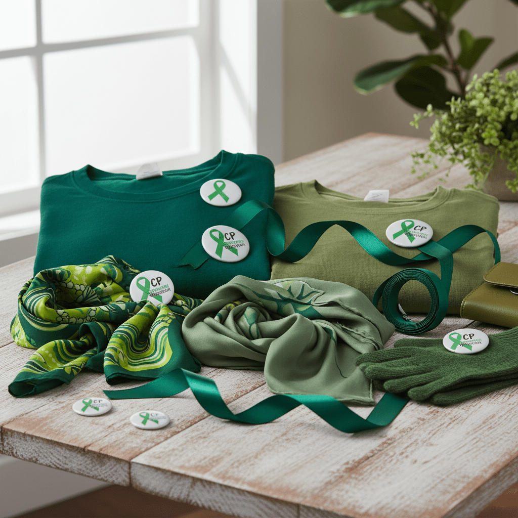 Green clothing and accessories displayed for Cerebral Palsy Awareness Month