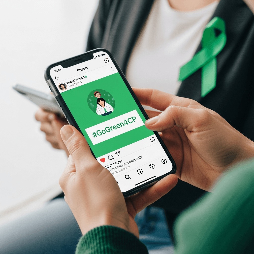 Person wearing green ribbon and posting on social media with GoGreen4CP hashtag