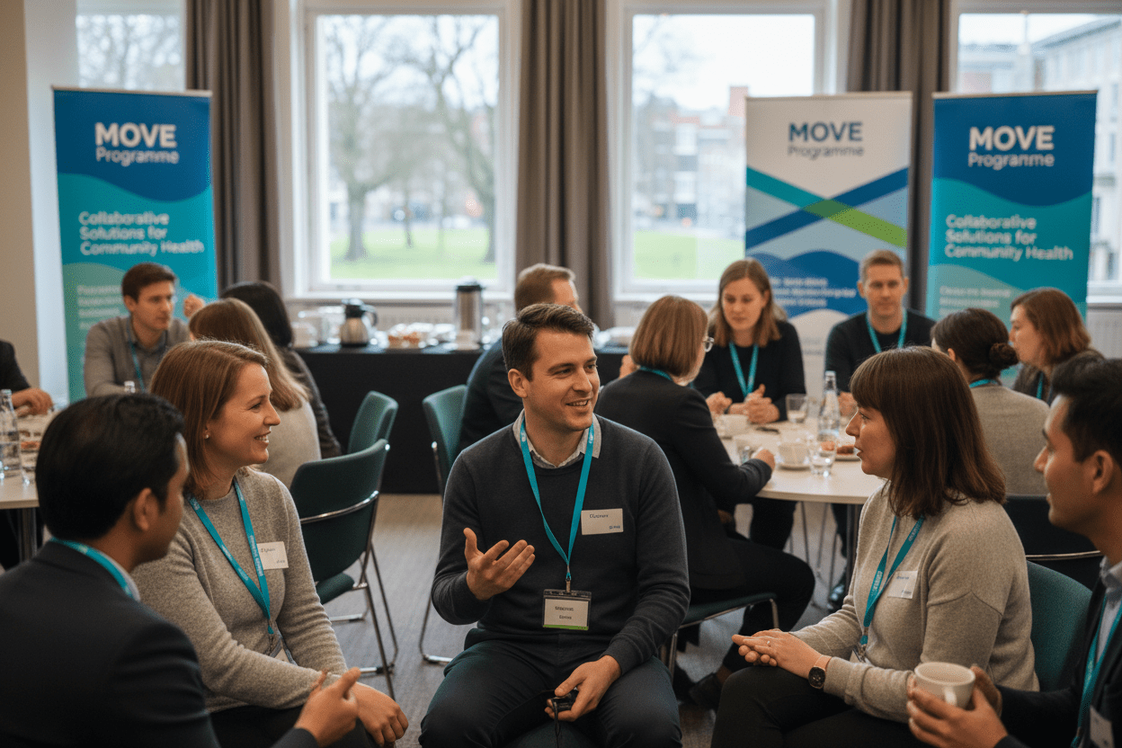 Diverse group of professionals networking during open MOVE Programme training course