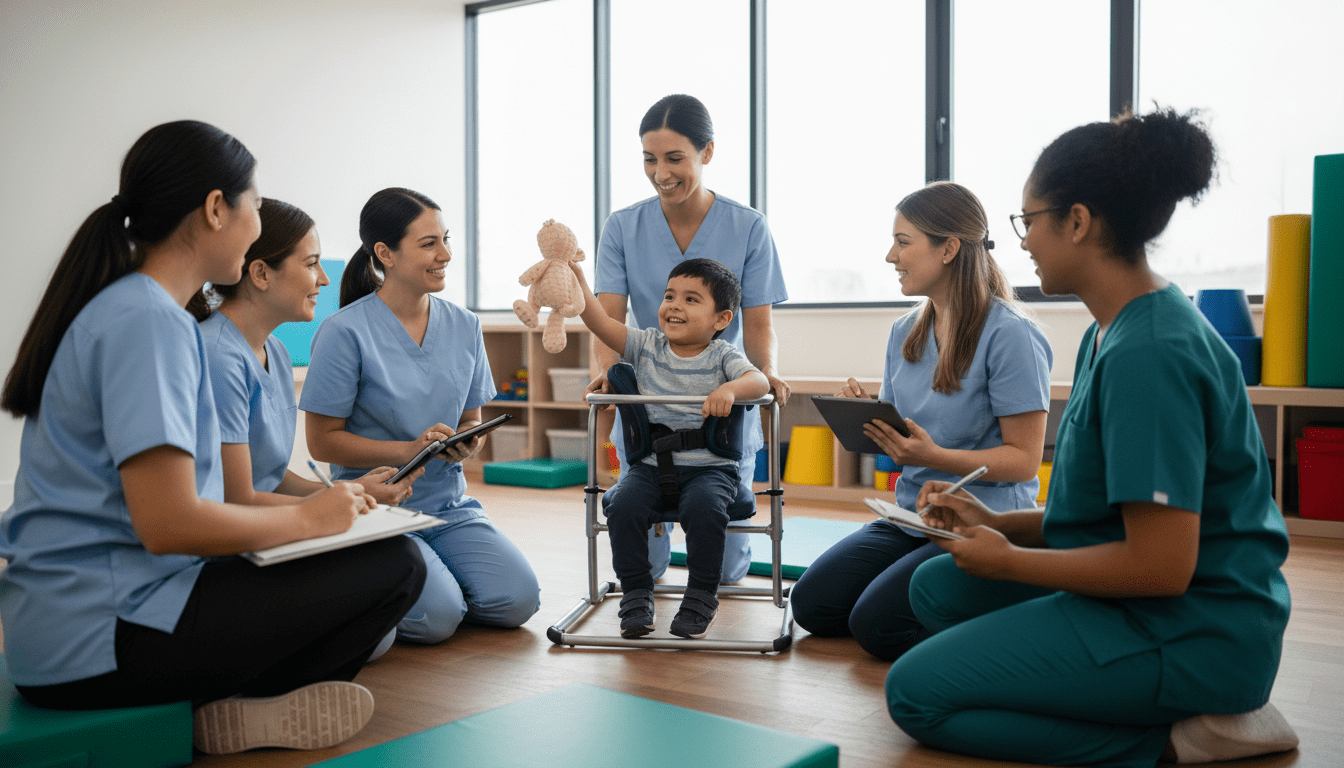 Healthcare team collaborating around child during MOVE Programme assessment session